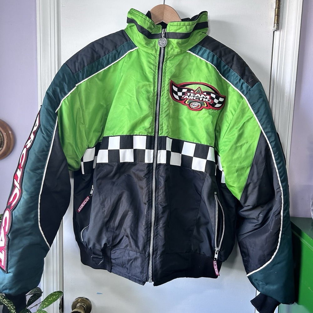 Vtg 2-in-1 Arctic Cat USA Mens Racing Snowmobile Green Black Jacket w/Liner L